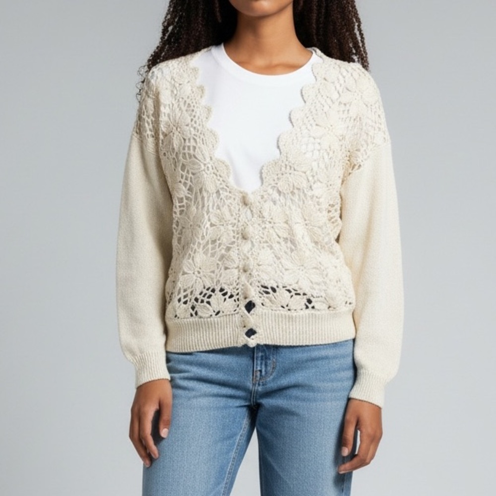 CLIO Cardigan Cream Crochet Knit  Cottagecore Ramie Cotton Vintage Size Medium